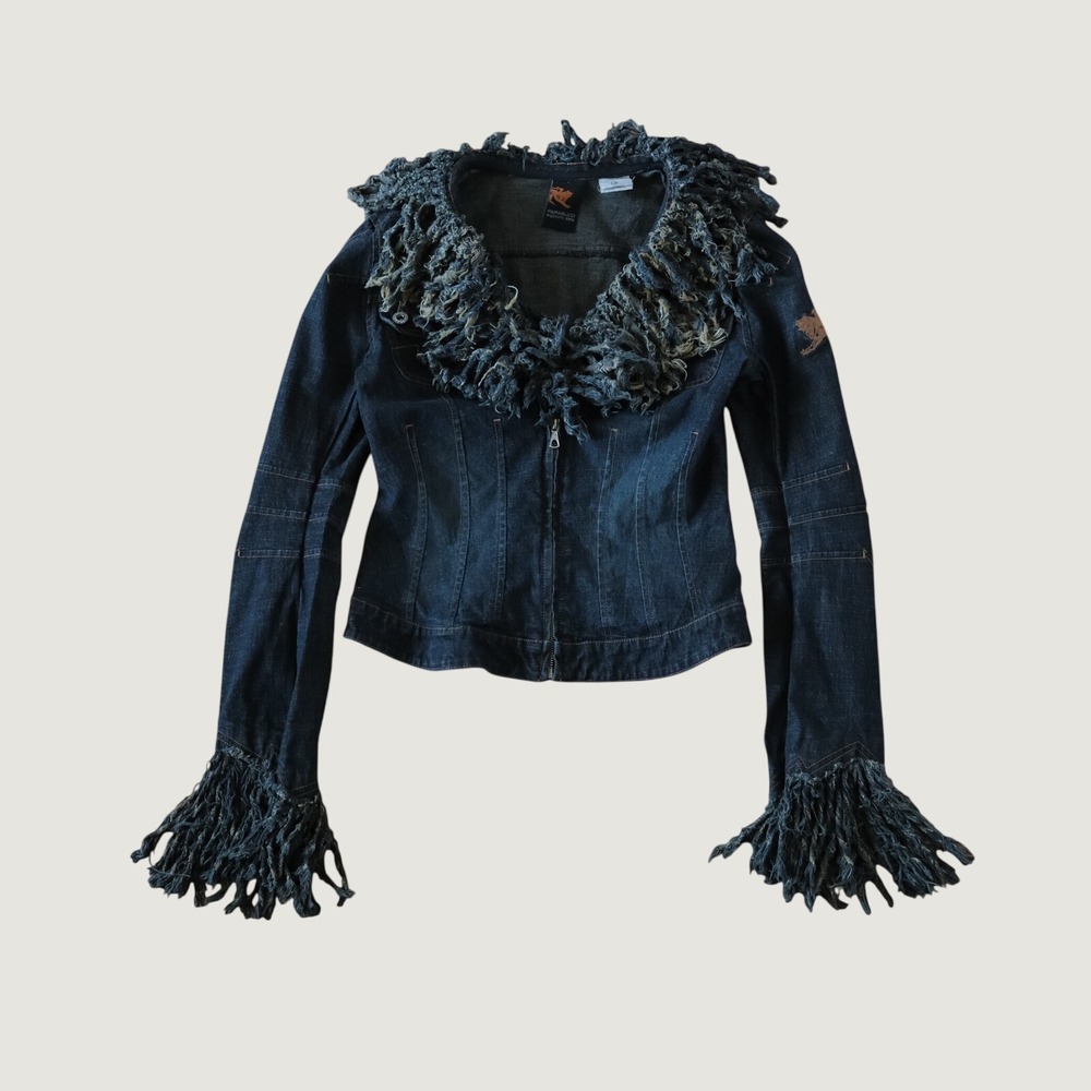 Parasuco Denim Jacket Women Dark Wash Fringe Collar Rare Y2K Small Fitted Grunge